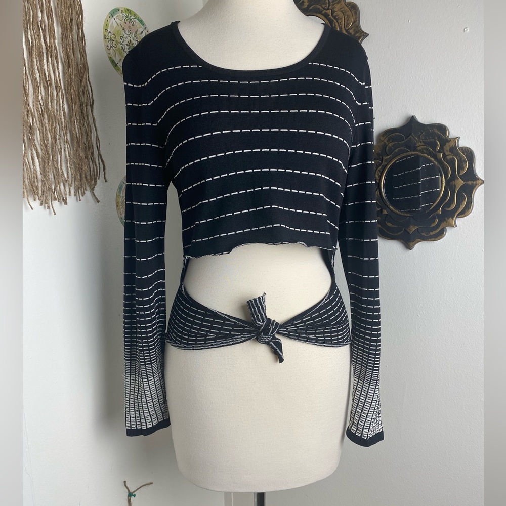 Upcycled black with dash ombre affect long sleeve waist tie stretch top size S